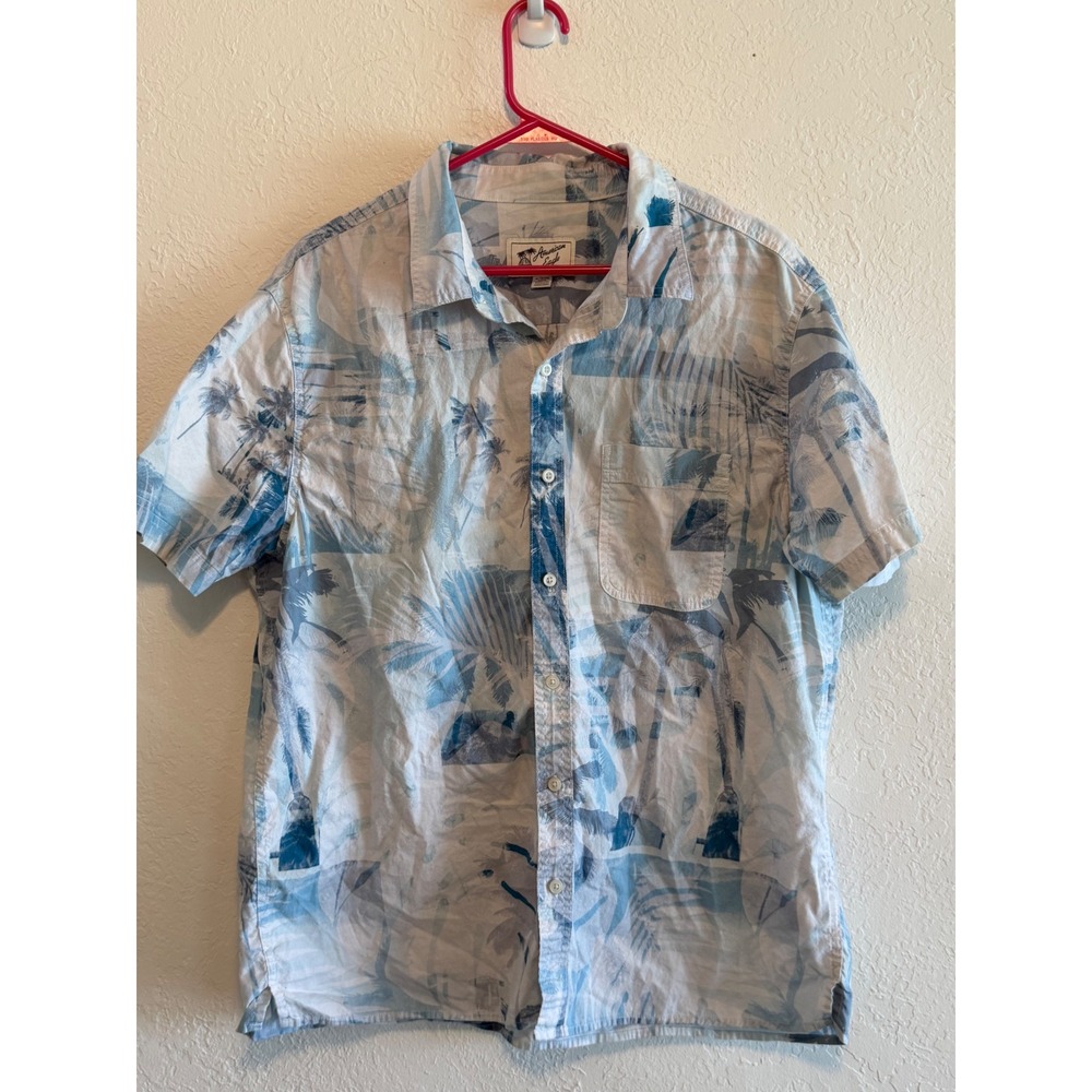 American Eagle Mens XL Blue White Tropical Palm Tree Short Sleeve Button Down